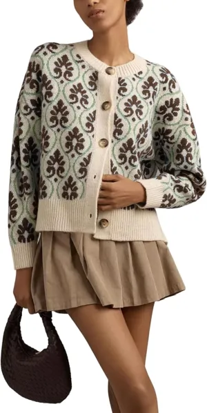 Women Floral Cardigan Sweater Open Front Long Sleeve Button Down Knit Sweater Vintage Outerwear