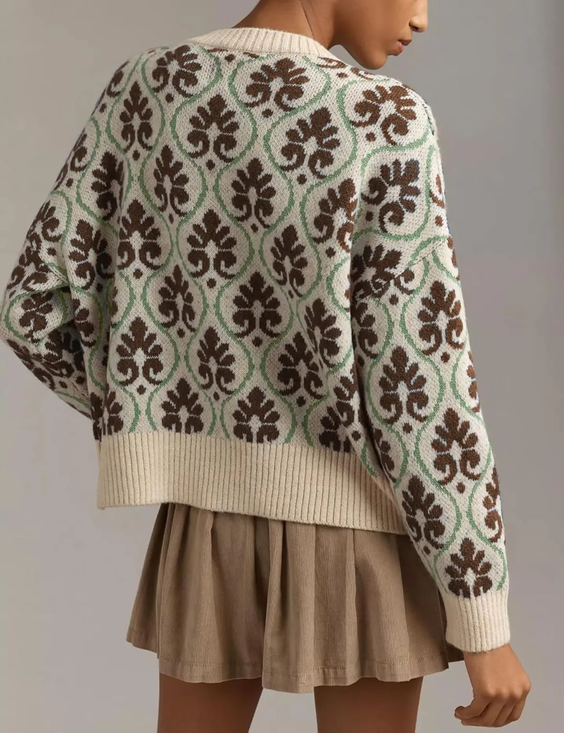 Women Floral Cardigan Sweater Open Front Long Sleeve Button Down Knit Sweater Vintage Outerwear