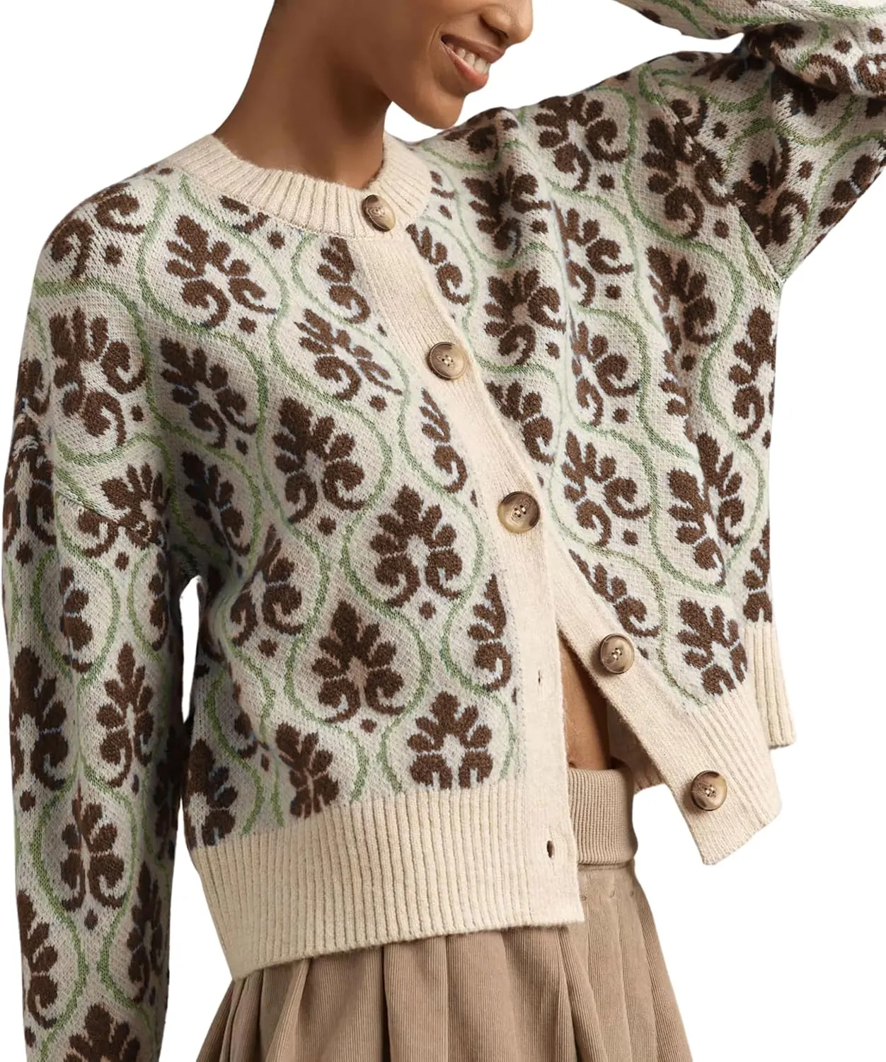 Women Floral Cardigan Sweater Open Front Long Sleeve Button Down Knit Sweater Vintage Outerwear