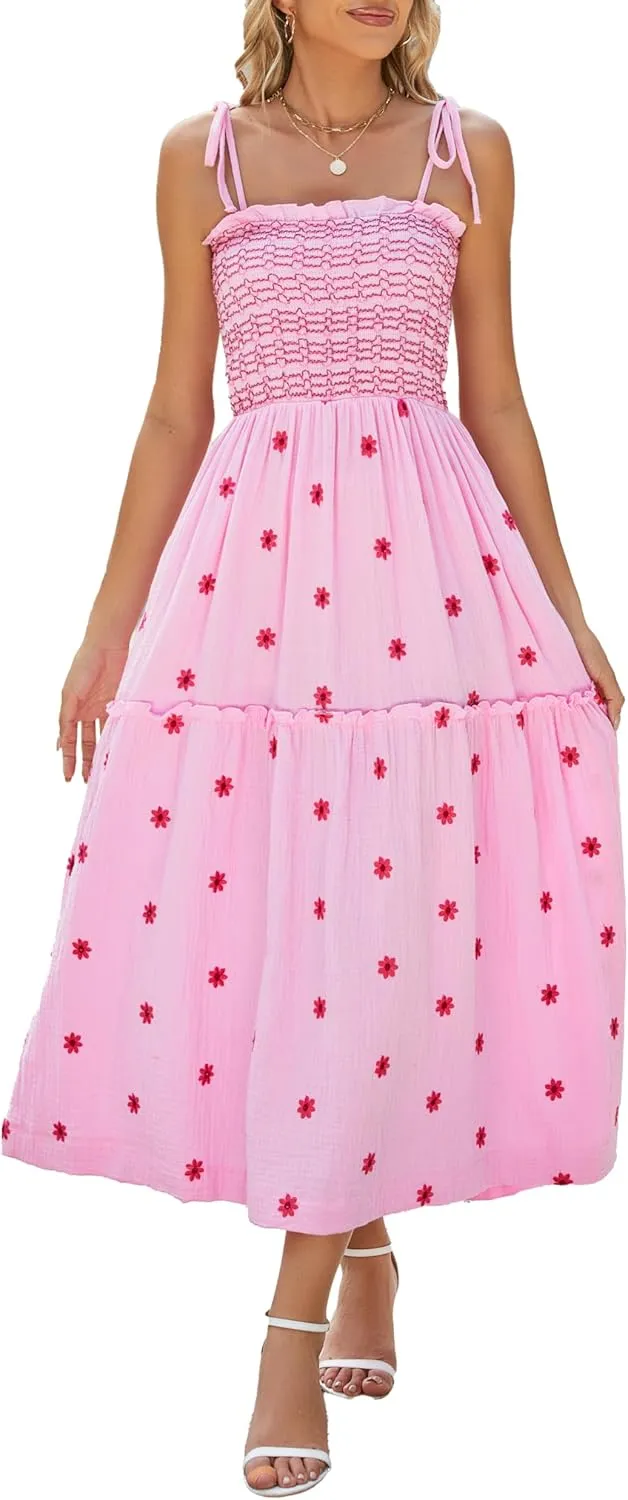 Women Floral Embroidered Maxi Dress Sleeveless Tie Shoulder Smocked Flowy Dress Boho Summer Sundresses with Pockets
