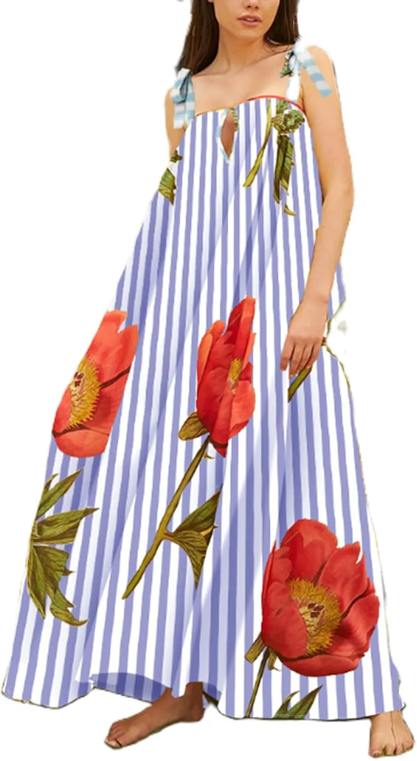 Women Floral Maxi Dresses Tie Shoulder Flowy Dress Relax Casual Summer Dress Y2k Boho Vacation Sundresses
