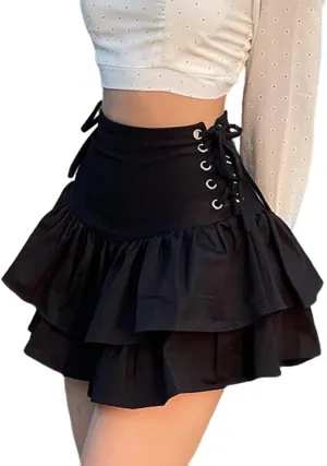 Women Gothic Punk Mini Skirt Y2K High Waist A-Line Pleated Skater Skirts