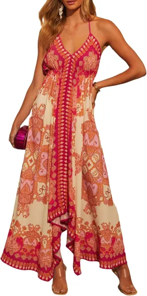 Women Graphic Maxi Cami Dress Spaghetti Strap Floral Boho Flowy Long Dresses Square Neck Colorful A Line Sundress