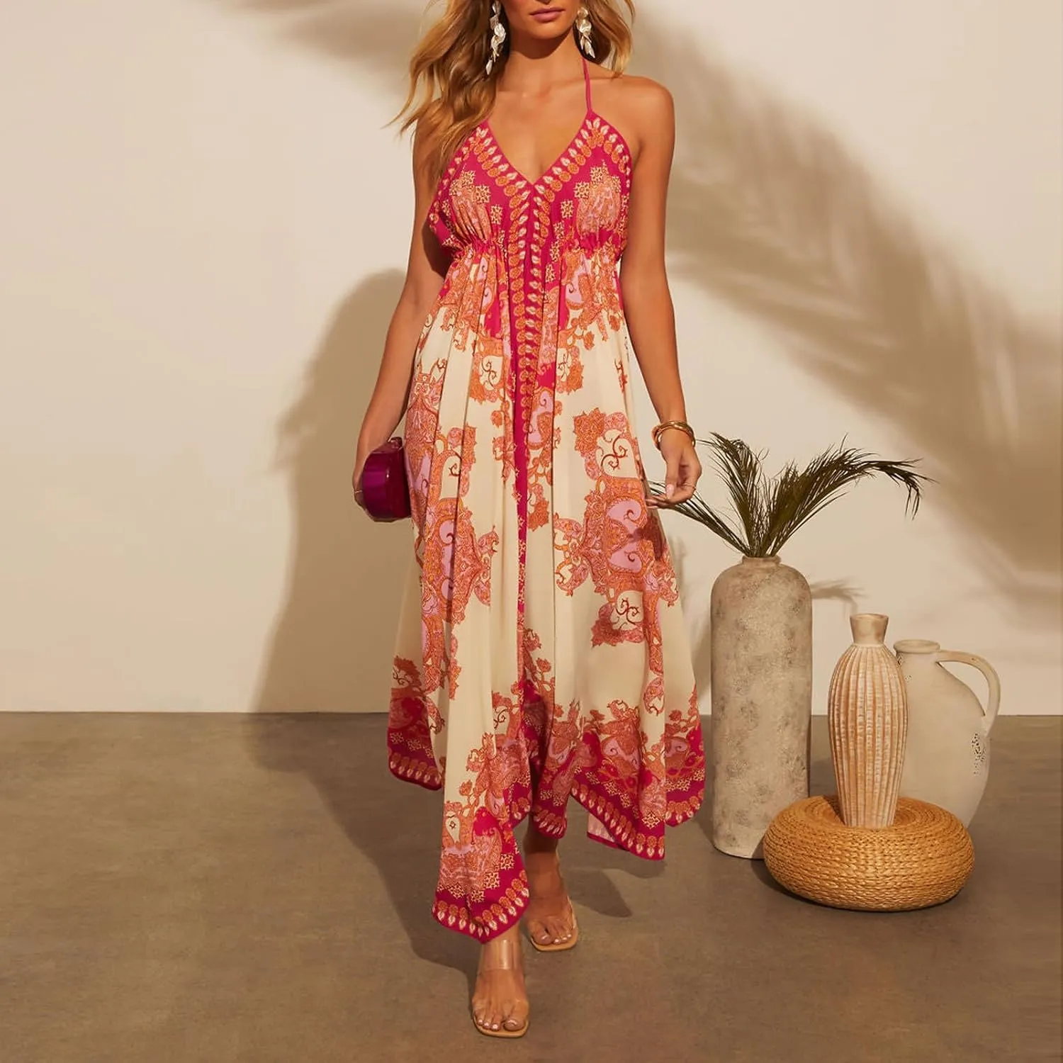 Women Graphic Maxi Cami Dress Spaghetti Strap Floral Boho Flowy Long Dresses Square Neck Colorful A Line Sundress