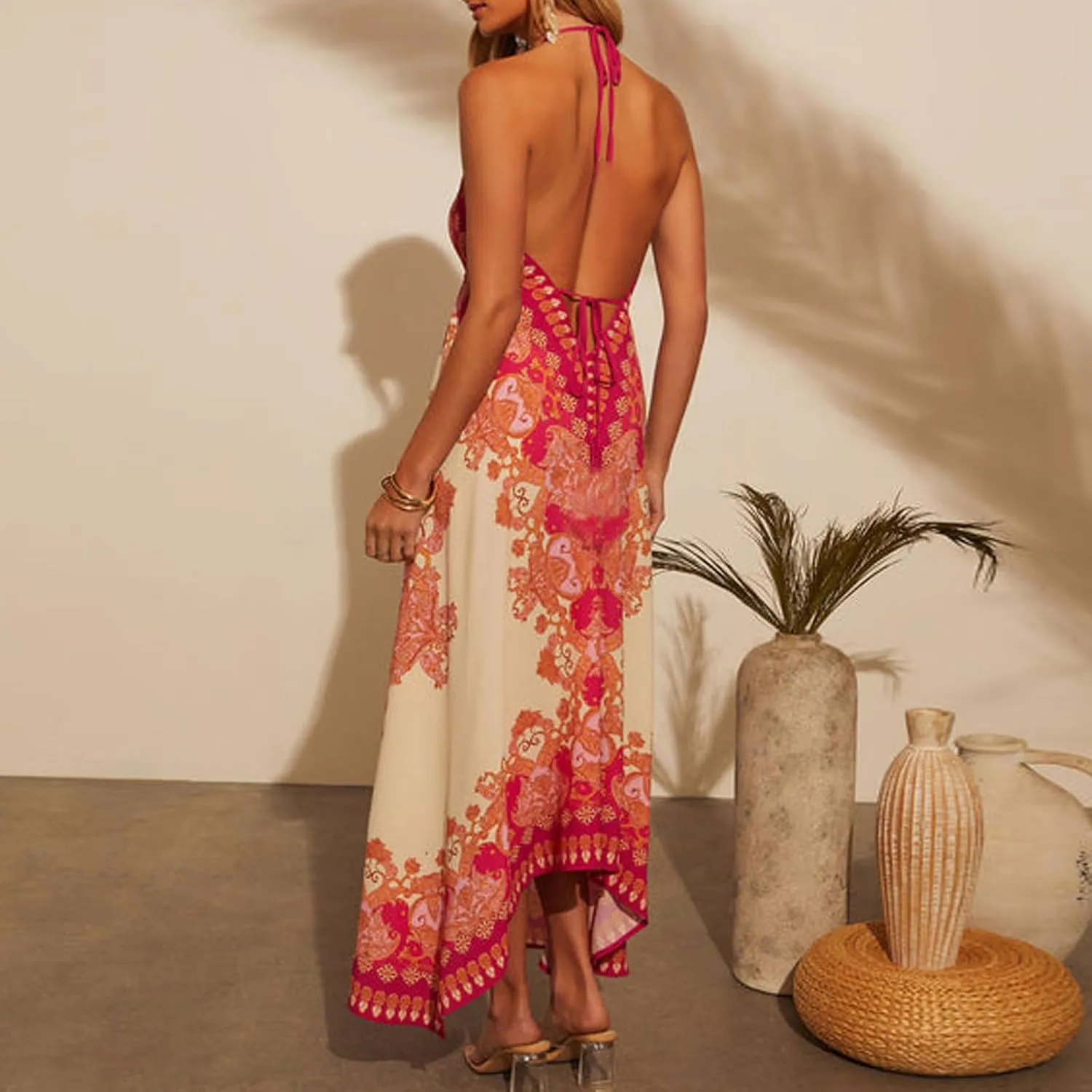 Women Graphic Maxi Cami Dress Spaghetti Strap Floral Boho Flowy Long Dresses Square Neck Colorful A Line Sundress