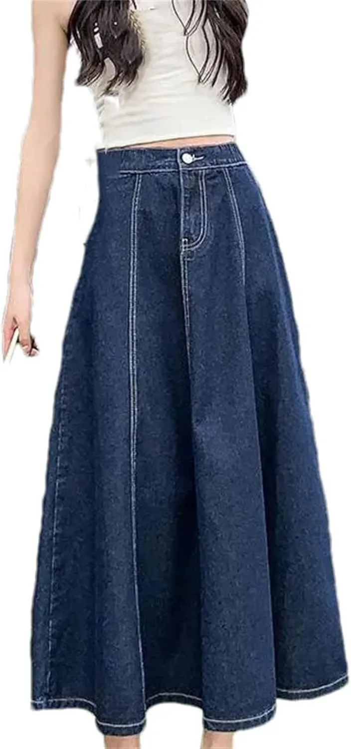Women High Waist A-Line Denim Midi Skirt Spring Summer Casual Wash Slim Fit Flared Jean Skirt