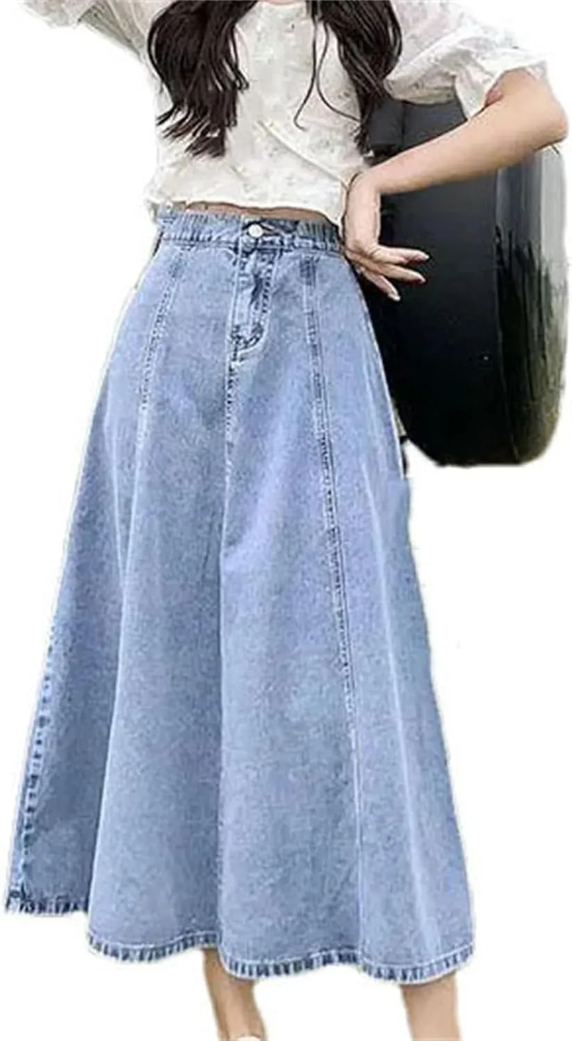 Women High Waist A-Line Denim Midi Skirt Spring Summer Casual Wash Slim Fit Flared Jean Skirt