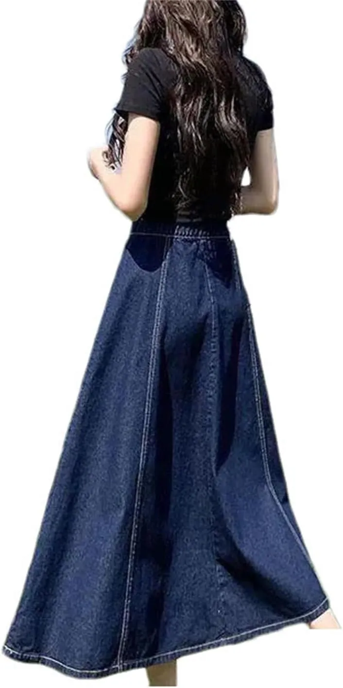 Women High Waist A-Line Denim Midi Skirt Spring Summer Casual Wash Slim Fit Flared Jean Skirt