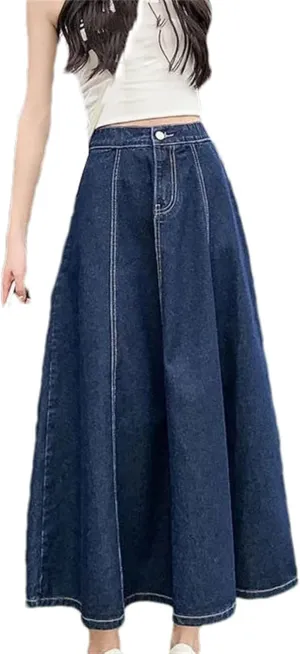 Women High Waist A-Line Denim Midi Skirt Spring Summer Casual Wash Slim Fit Flared Jean Skirt