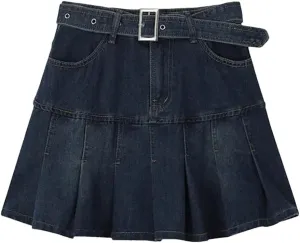 Women High Waist Denim Mini Pleated Skirts with Belt Summer A Line Skirt Korean Skirts