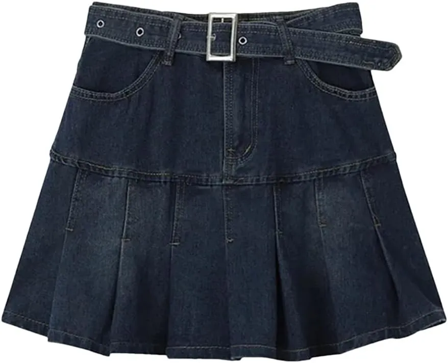 Women High Waist Denim Mini Pleated Skirts with Belt Summer A Line Skirt Korean Skirts