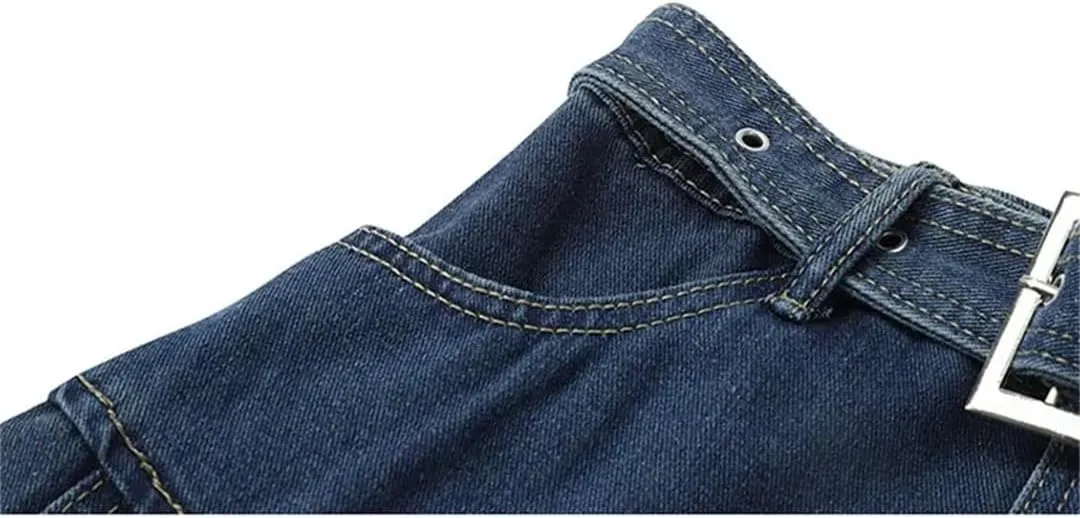 Women High Waist Denim Mini Pleated Skirts with Belt Summer A Line Skirt Korean Skirts