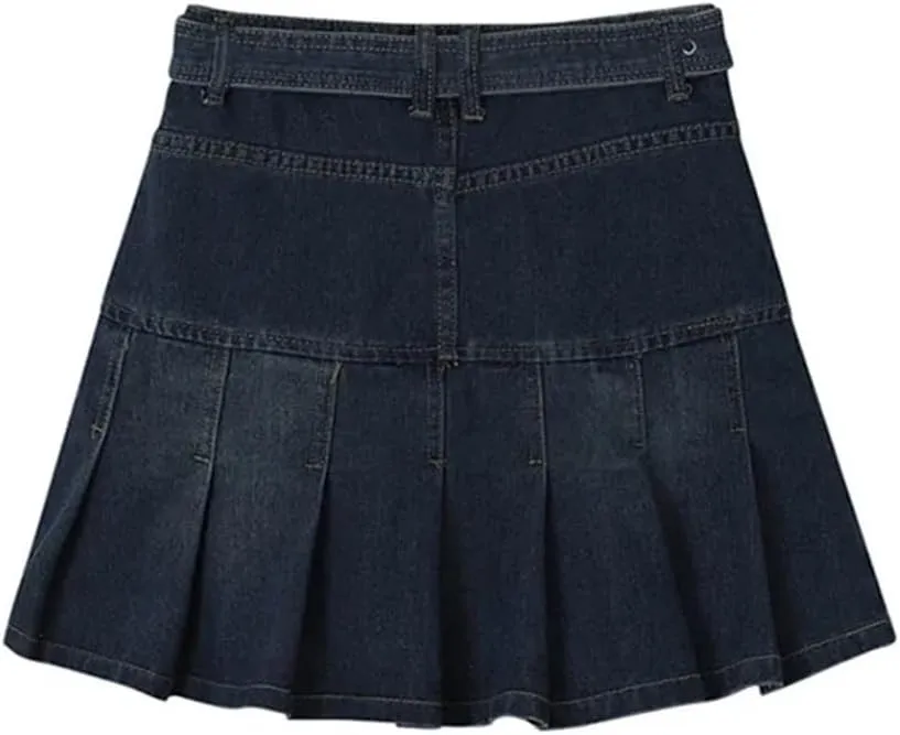 Women High Waist Denim Mini Pleated Skirts with Belt Summer A Line Skirt Korean Skirts