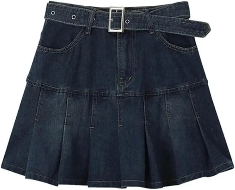 Women High Waist Denim Mini Pleated Skirts with Belt Summer A Line Skirt Korean Skirts