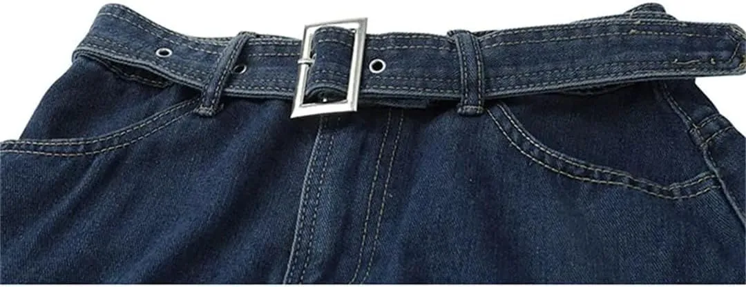 Women High Waist Denim Mini Pleated Skirts with Belt Summer A Line Skirt Korean Skirts