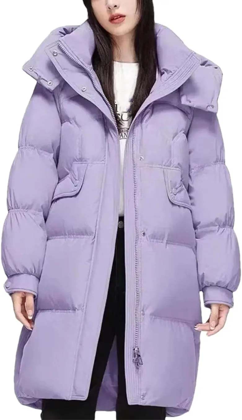 Women Hooded Button Zipper Down Jacket Loose Vintage Mid-Calf Thickened Warm Parka Coat