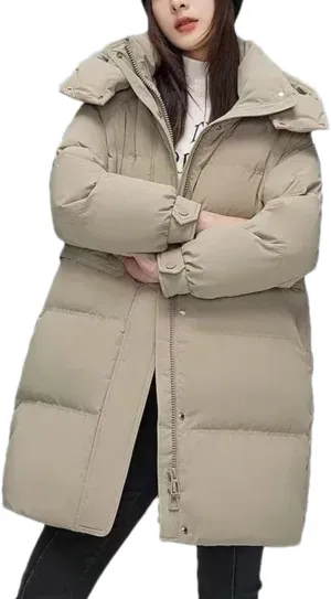 Women Hooded Button Zipper Down Jacket Loose Vintage Mid-Calf Thickened Warm Parka Coat