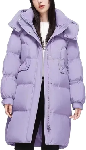 Women Hooded Button Zipper Down Jacket Loose Vintage Mid-Calf Thickened Warm Parka Coat