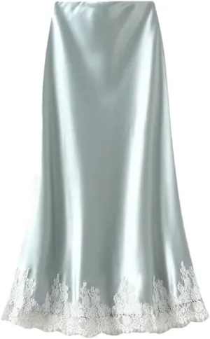 Women Lace Patchwork Satin Long Skirt Summer High Waist Casual Elegant Party A-Line Skirt