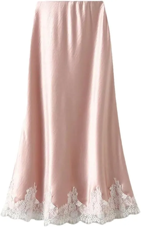 Women Lace Patchwork Satin Long Skirt Summer High Waist Casual Elegant Party A-Line Skirt