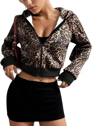 Women Leopard Print Full Zip Up Crop Hoodie Long Sleeve Fleece Cheetah Print Zipper Cropped Hooded Sweatshirt