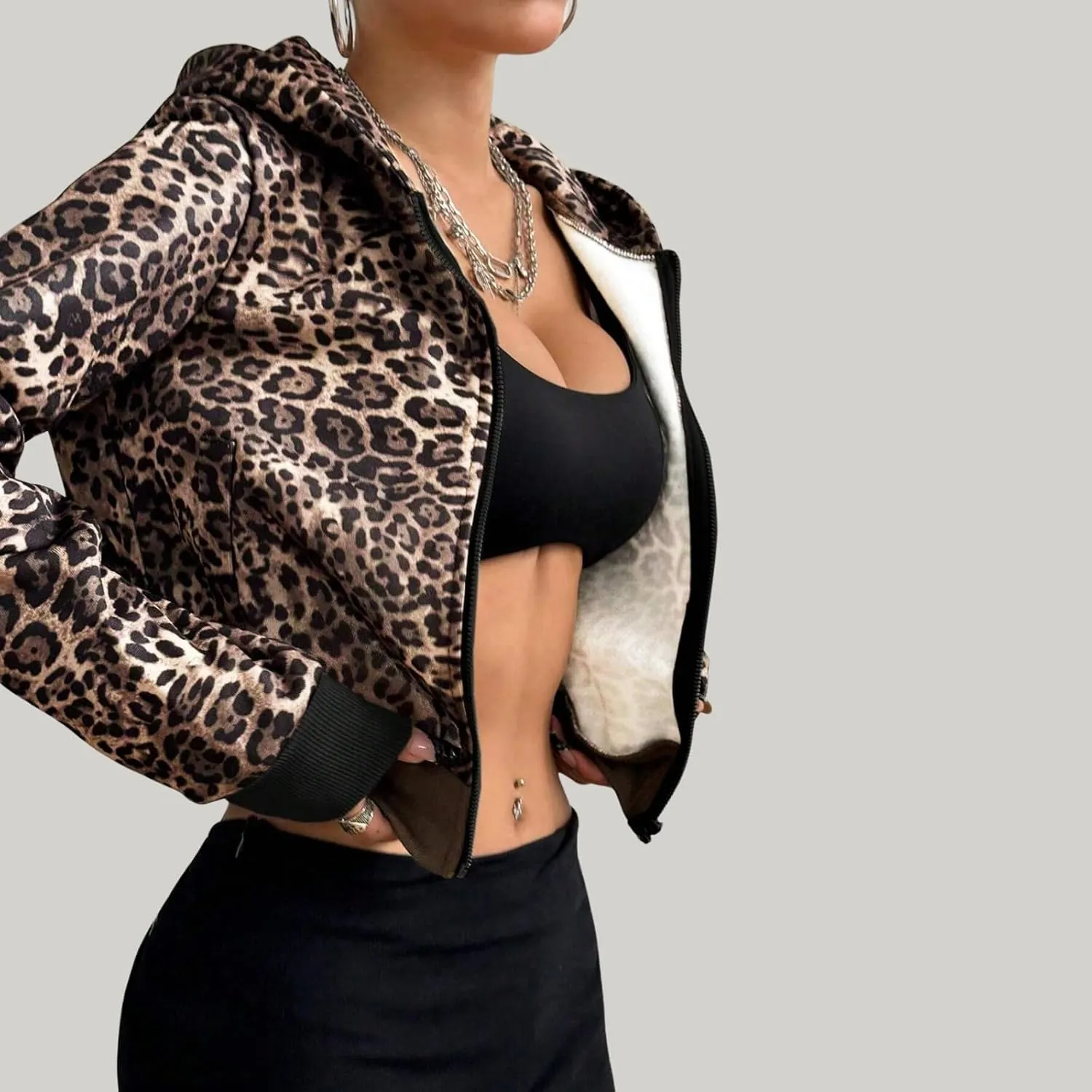 Women Leopard Print Full Zip Up Crop Hoodie Long Sleeve Fleece Cheetah Print Zipper Cropped Hooded Sweatshirt