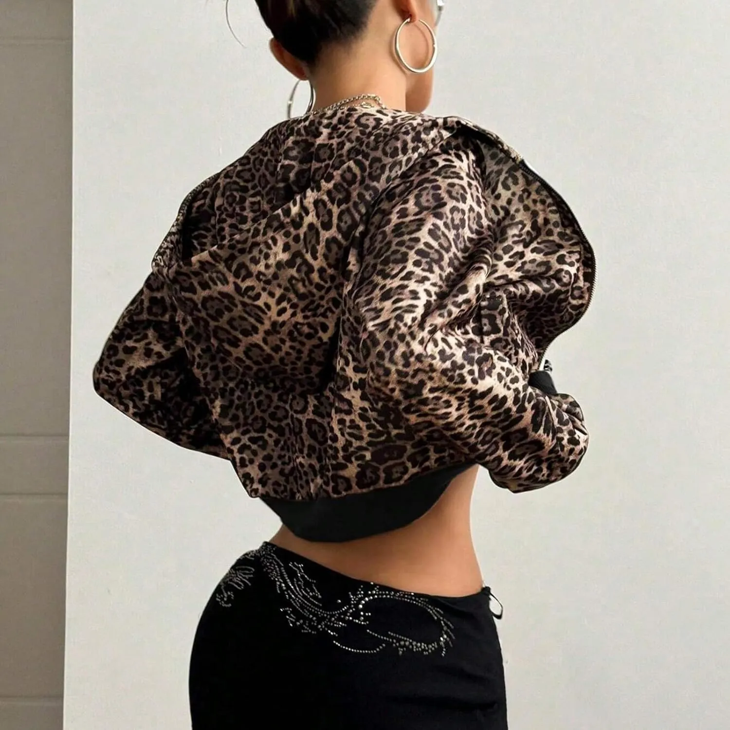 Women Leopard Print Full Zip Up Crop Hoodie Long Sleeve Fleece Cheetah Print Zipper Cropped Hooded Sweatshirt