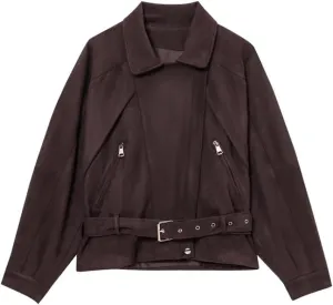 Women Motorcycle Style Jacket With Belt And Zipper Decoration Coats Casual Long Sleeves Outerwear
