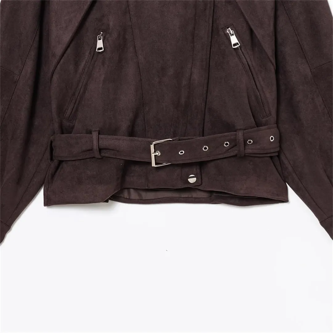 Women Motorcycle Style Jacket With Belt And Zipper Decoration Coats Casual Long Sleeves Outerwear