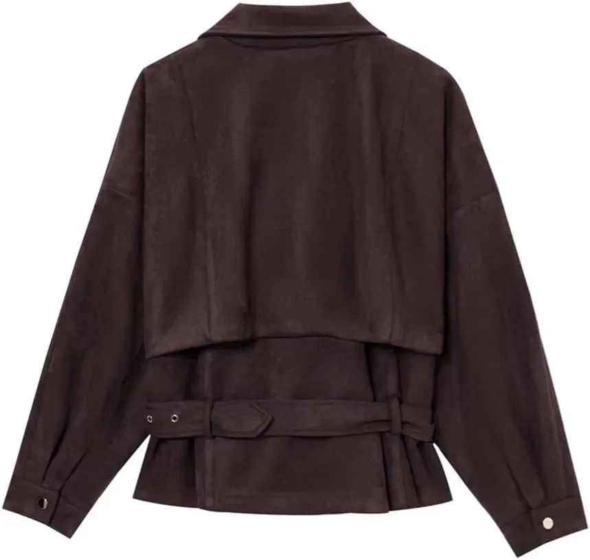 Women Motorcycle Style Jacket With Belt And Zipper Decoration Coats Casual Long Sleeves Outerwear