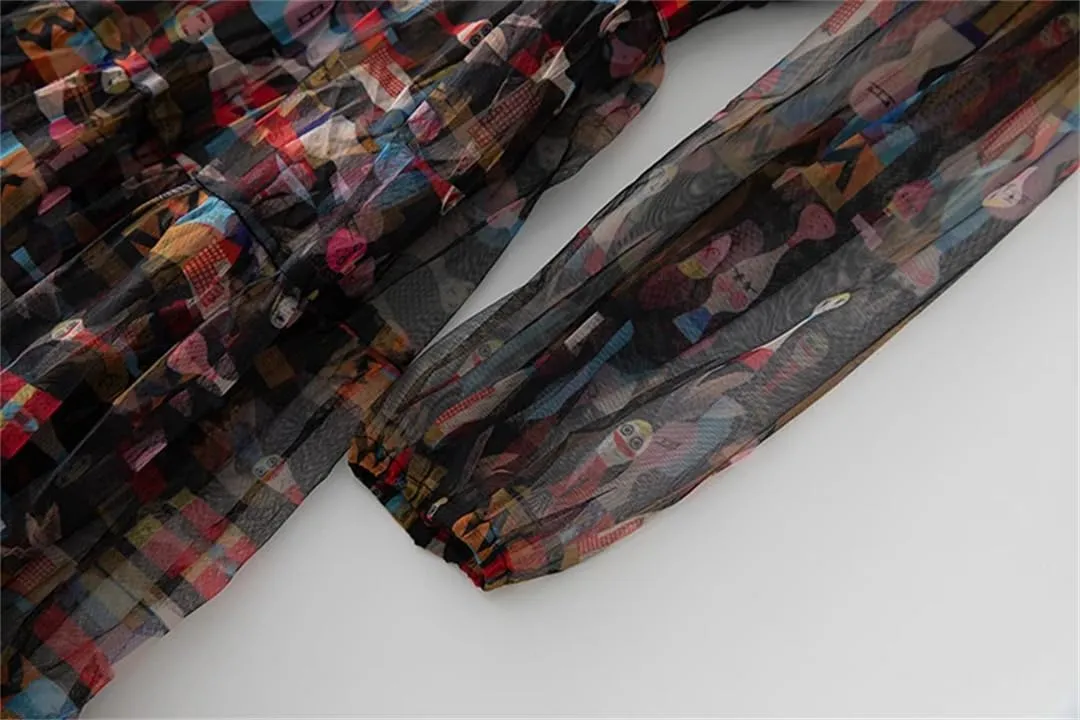 Women Print Summer Dress Boho Tulle Ruched Elastic Waist Single Buckle Ruffle Hem Dresses