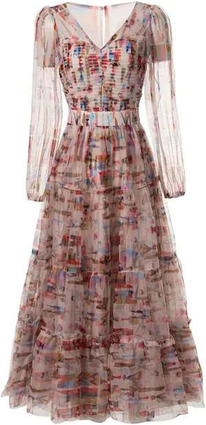 Women Print Summer Dress Boho Tulle Ruched Elastic Waist Single Buckle Ruffle Hem Dresses