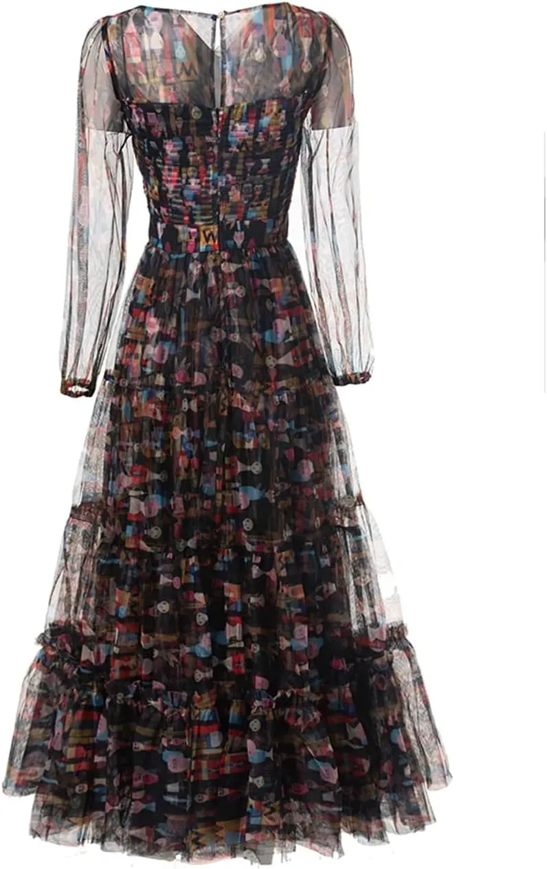 Women Print Summer Dress Boho Tulle Ruched Elastic Waist Single Buckle Ruffle Hem Dresses