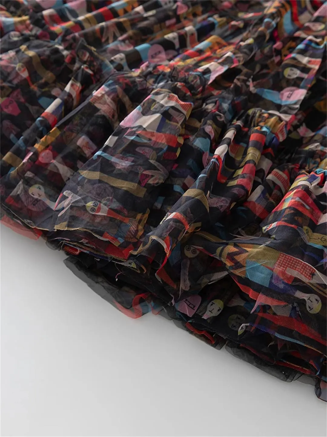 Women Print Summer Dress Boho Tulle Ruched Elastic Waist Single Buckle Ruffle Hem Dresses