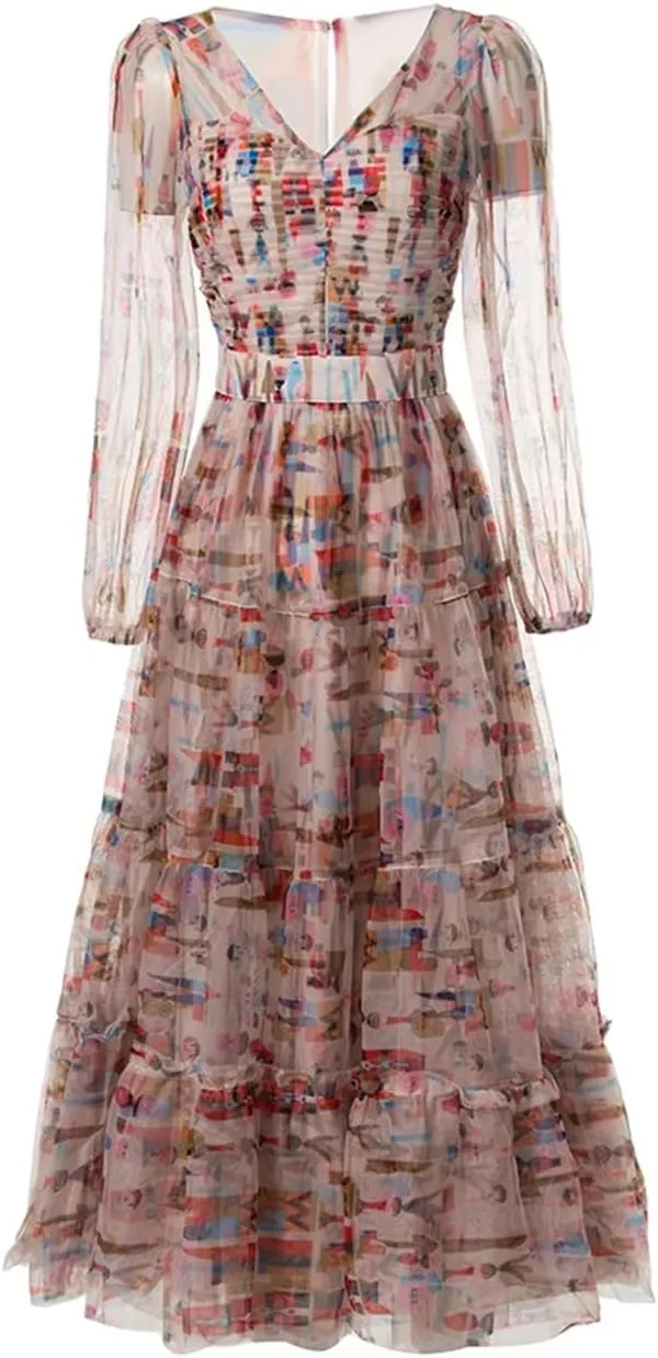 Women Print Summer Dress Boho Tulle Ruched Elastic Waist Single Buckle Ruffle Hem Dresses