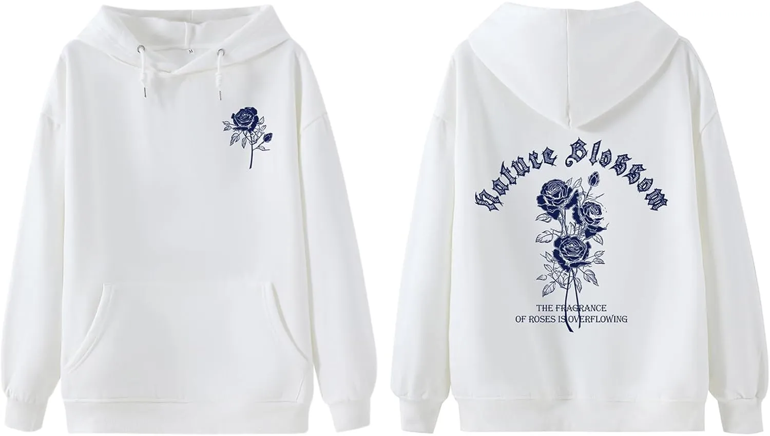 Women Rose Letter Print Hoodie Floral Graphic Vintage Aesthetic Hooded Sweatshirt Flower Fleece Casual Pullover Tops
