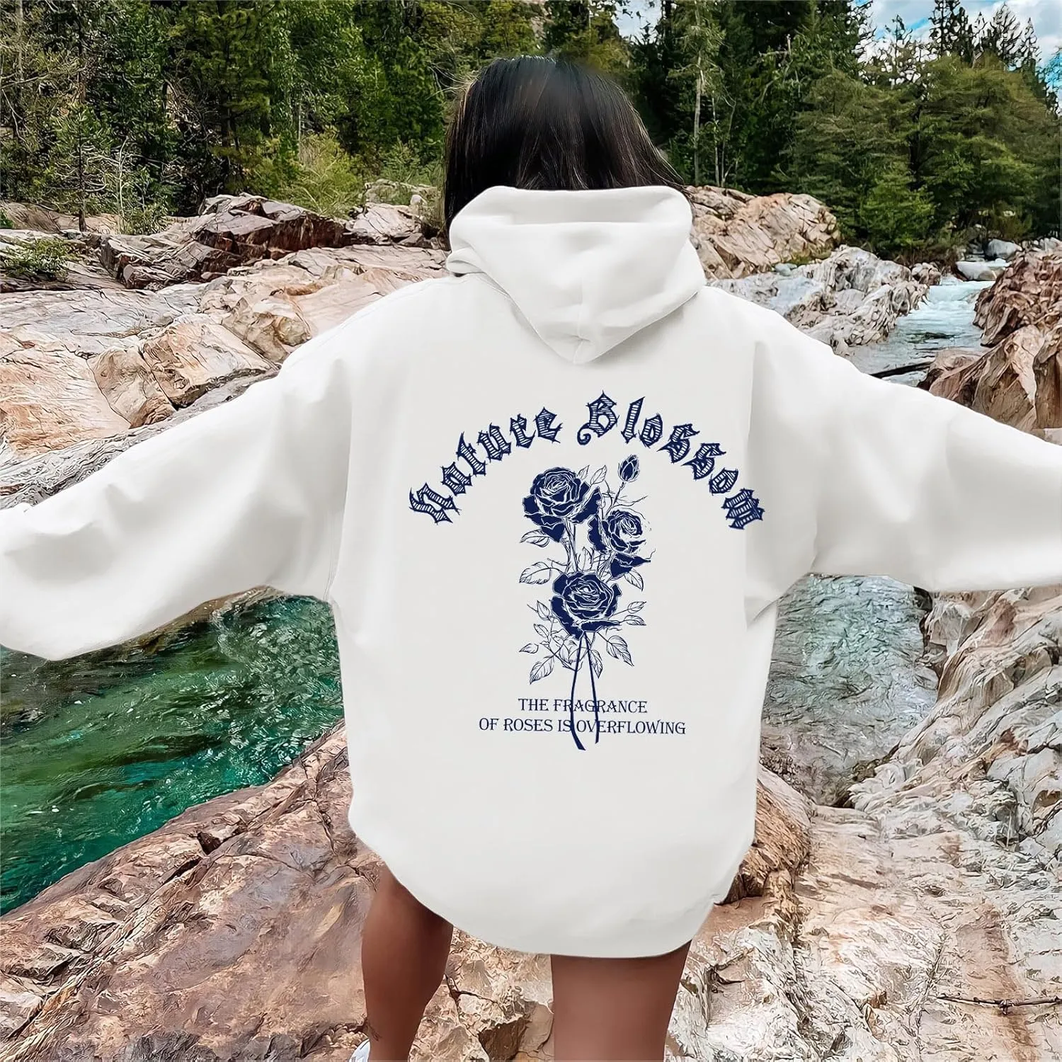 Women Rose Letter Print Hoodie Floral Graphic Vintage Aesthetic Hooded Sweatshirt Flower Fleece Casual Pullover Tops