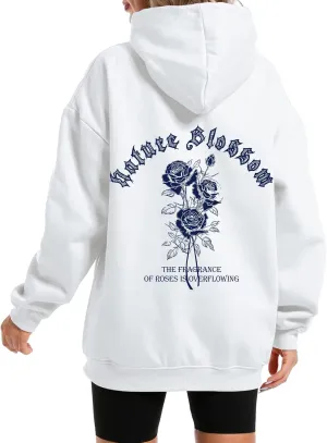 Women Rose Letter Print Hoodie Floral Graphic Vintage Aesthetic Hooded Sweatshirt Flower Fleece Casual Pullover Tops