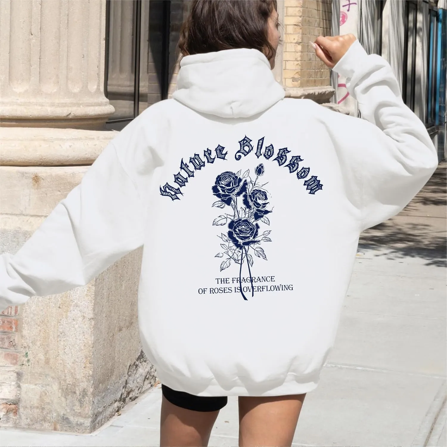 Women Rose Letter Print Hoodie Floral Graphic Vintage Aesthetic Hooded Sweatshirt Flower Fleece Casual Pullover Tops