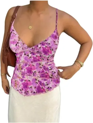 Women Sexy Floral Cami Top V Neck Spaghetti Strap Mesh Camisole Y2K Printed Backless Ruffle Tank Top Streetwear