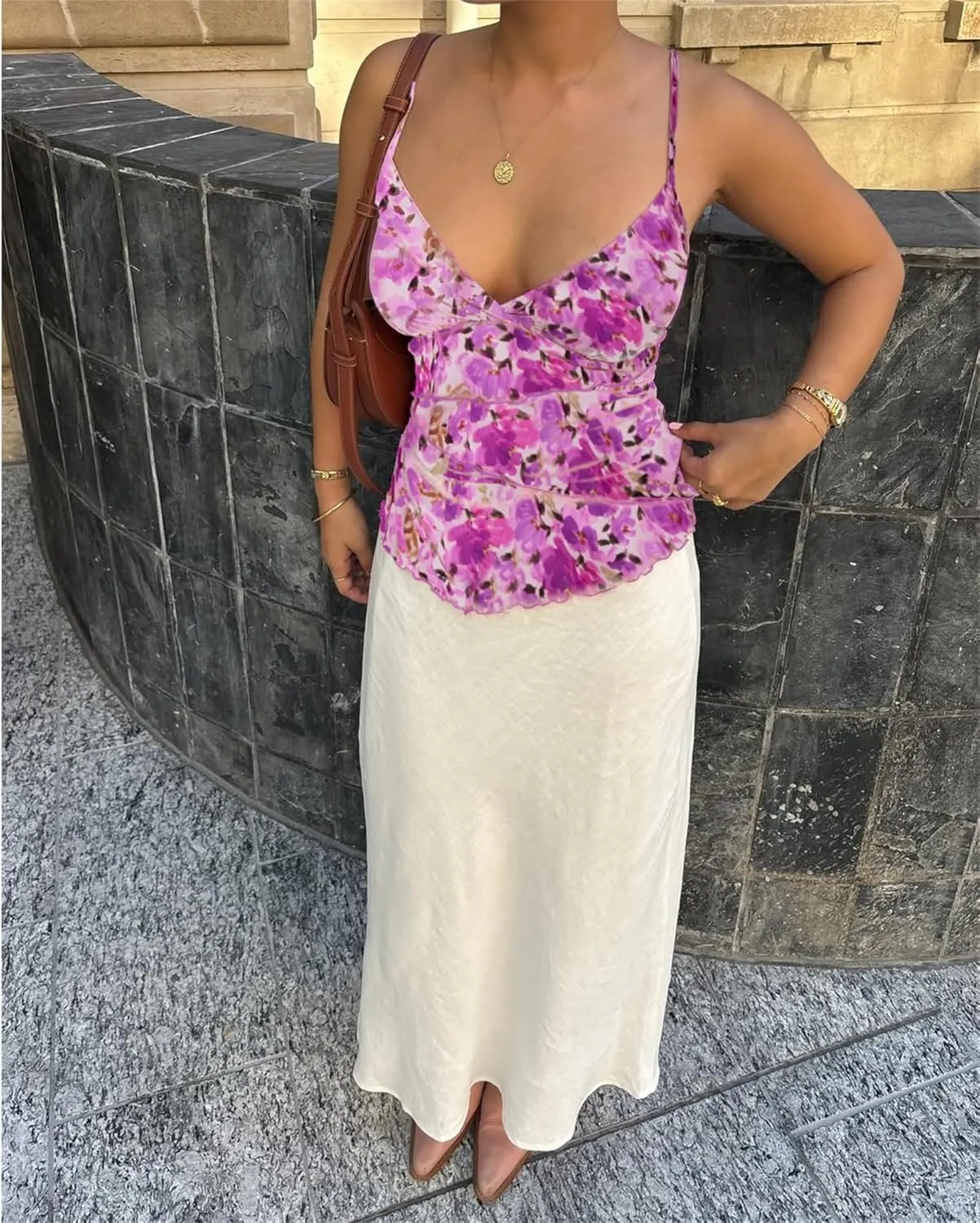 Women Sexy Floral Cami Top V Neck Spaghetti Strap Mesh Camisole Y2K Printed Backless Ruffle Tank Top Streetwear