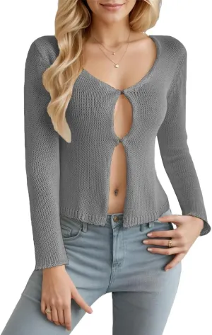 Women Sexy Open Front Button Down Knit Crop Cardigan Sweater Fall Long Sleeve Cut Out Crochet Cropped Tee Tops