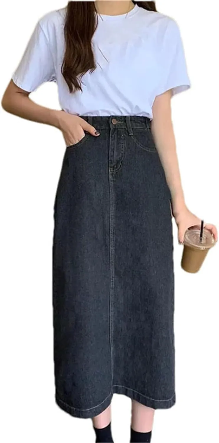 Women Summer High Waist Denim Skirt Summer Midi A-Line Bodycon Skirt