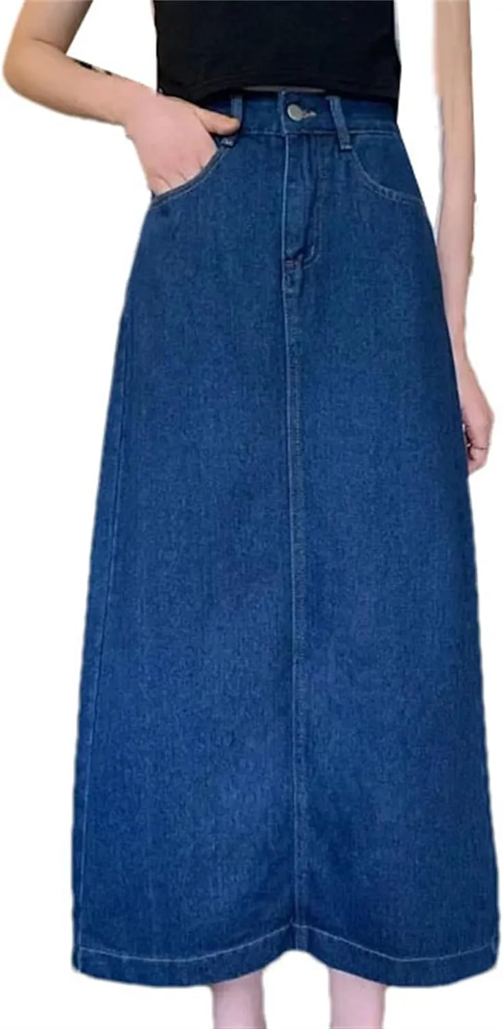 Women Summer High Waist Denim Skirt Summer Midi A-Line Bodycon Skirt