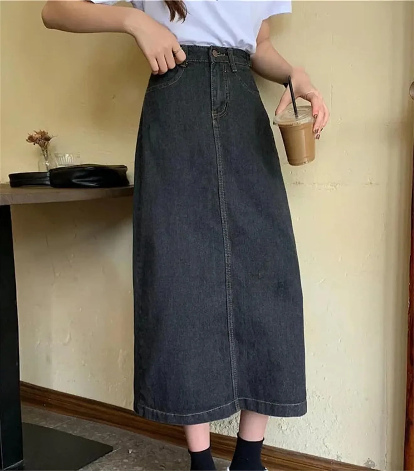 Women Summer High Waist Denim Skirt Summer Midi A-Line Bodycon Skirt