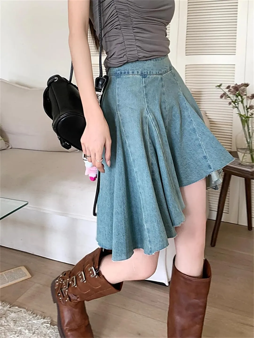 Women Summer High Waist Skirt Zip Pleated Jeans Skirts Vintage Short Mini Streetwear Skirt