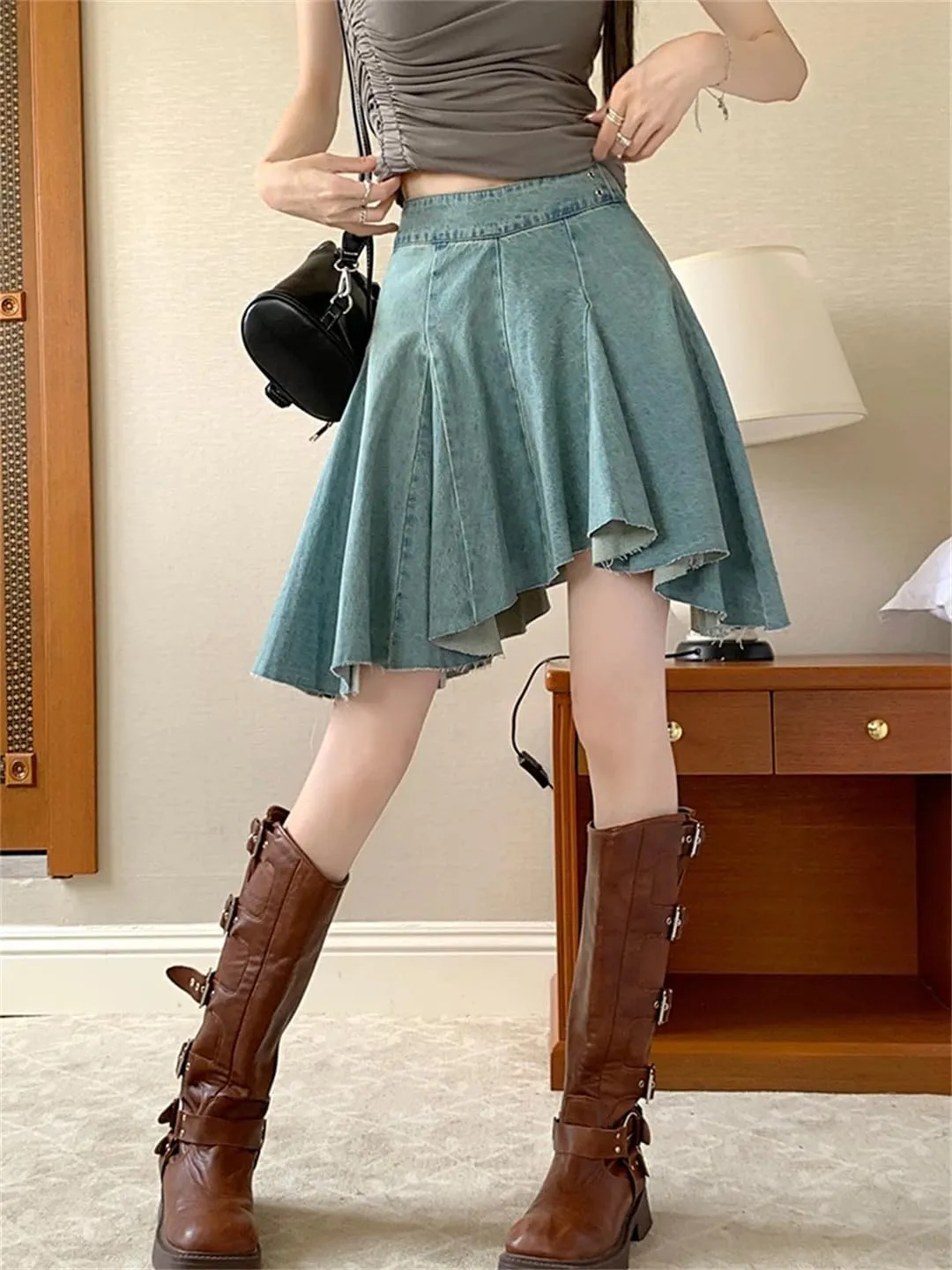 Women Summer High Waist Skirt Zip Pleated Jeans Skirts Vintage Short Mini Streetwear Skirt