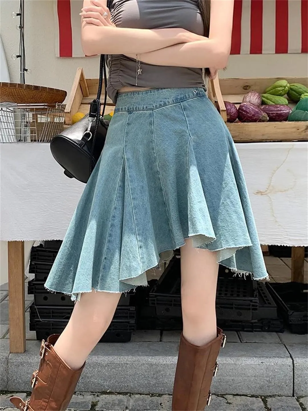 Women Summer High Waist Skirt Zip Pleated Jeans Skirts Vintage Short Mini Streetwear Skirt