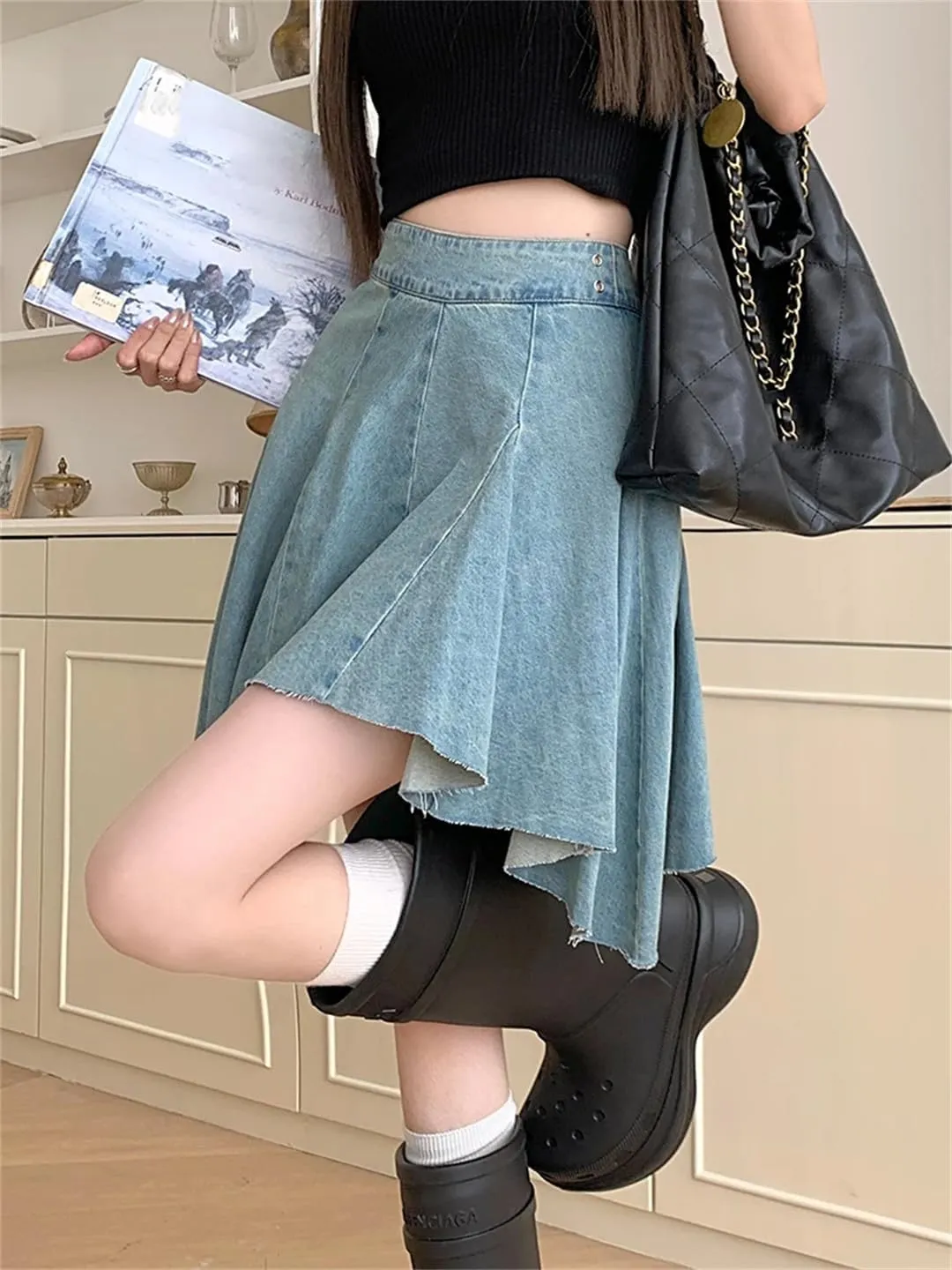 Women Summer High Waist Skirt Zip Pleated Jeans Skirts Vintage Short Mini Streetwear Skirt
