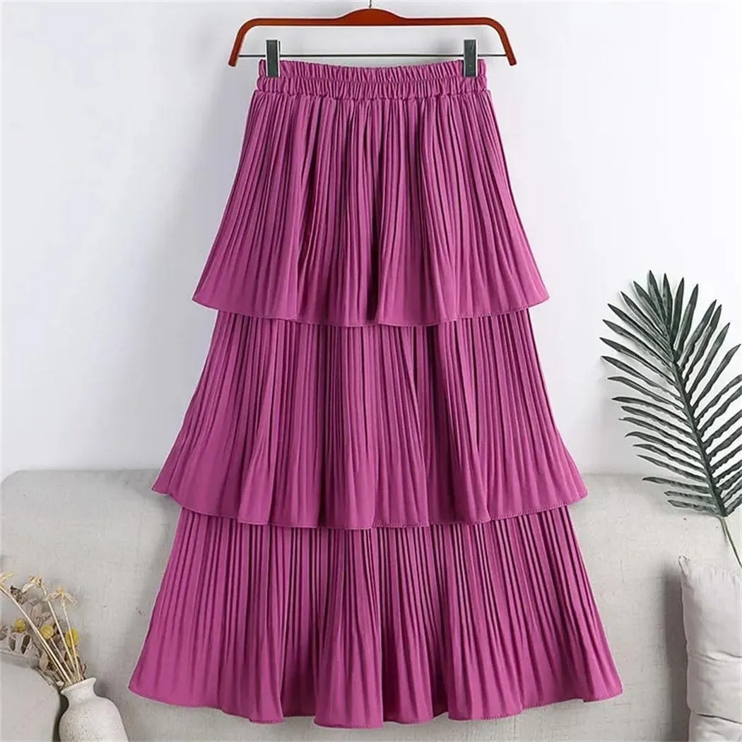 Women Summer Tiered Maxi Tulle Skirt Elegant High Waist Puffy Ruffled Pleated Mesh Long Skirt